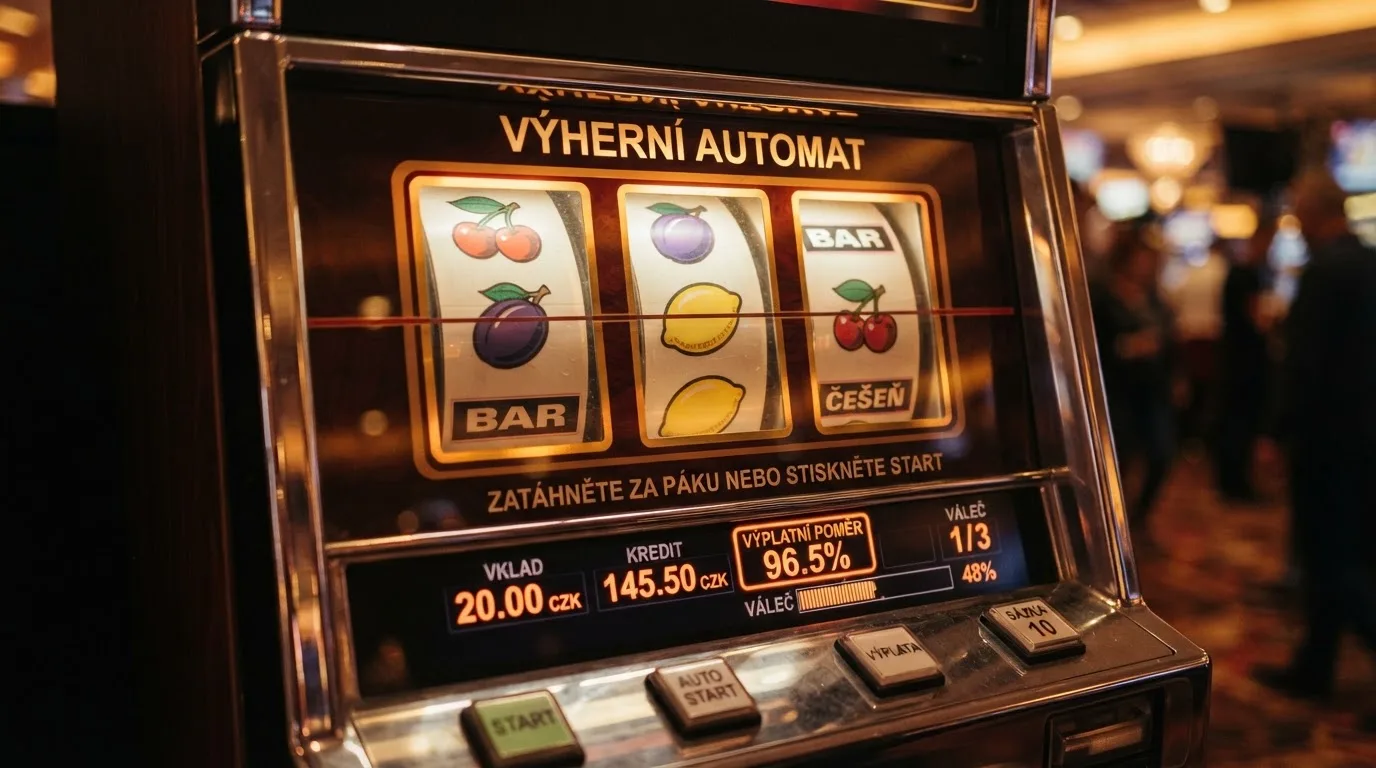 Detail výherního automatu s viditelnými válci a ovládacím panelem, na kterém je zvýrazněna informace o příspěvku do protočení nebo RTP hry