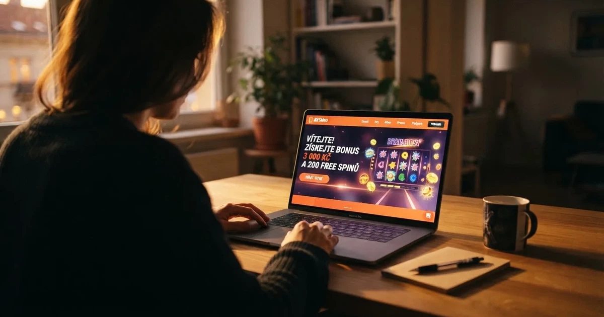 Hráč u notebooku si prohlíží nabídku bonusů na obrazovce českého online casina s viditelnou lištou s free spiny