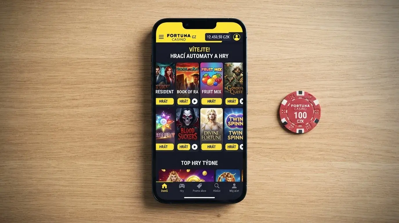 Mobilní telefon s otevřenou casino aplikací zobrazující lobby výherních automatů