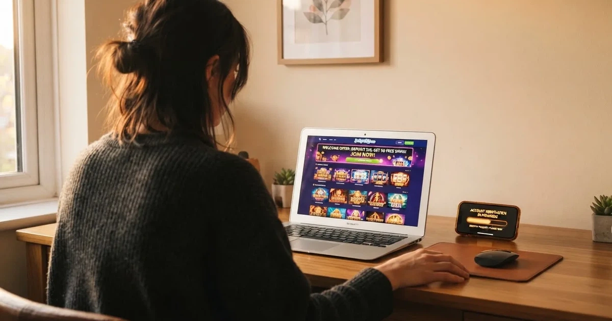 Rozhraní online casina s tlačítkem pro získání uvítacího bonusu a indikátorem stavu ověření účtu
