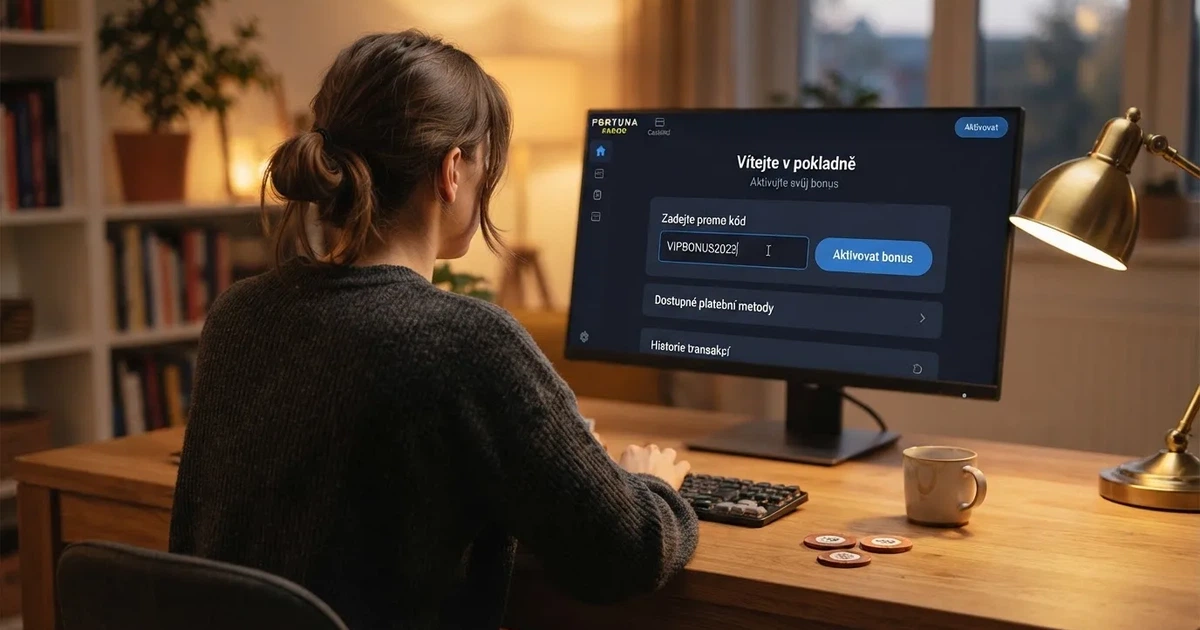 Hráč u počítače zadává promo kód do pole v kasino pokladně, na obrazovce vidět tlačítko Aktivovat bonus.