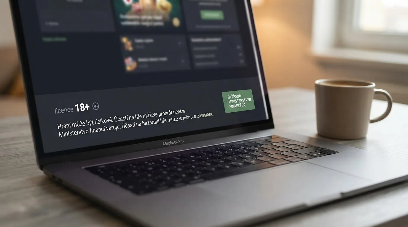 Detail patičky webové stránky online kasina se zvýrazněným logem licence Ministerstva financí ČR