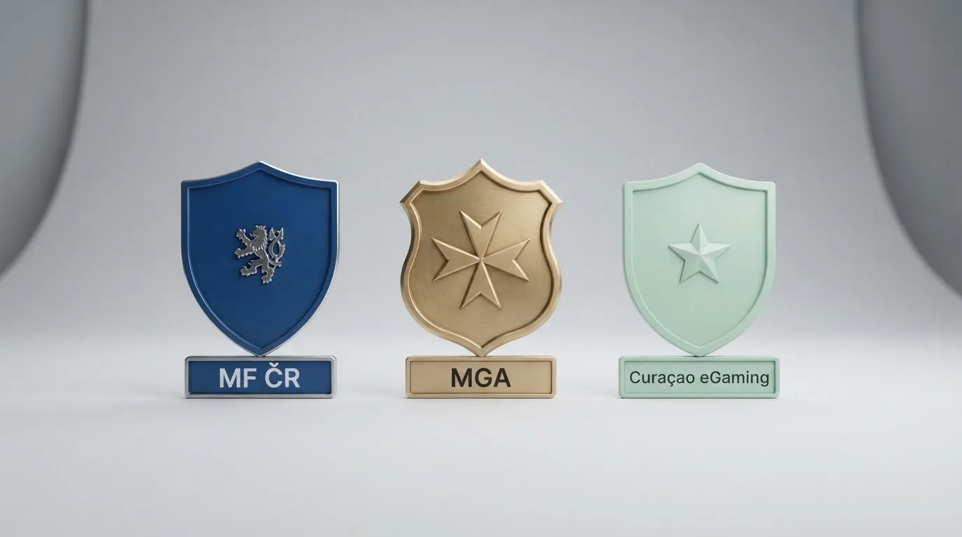 Tři loga regulátorů vedle sebe — MF ČR, Malta Gaming Authority, Curaçao eGaming — s popisky v češtině