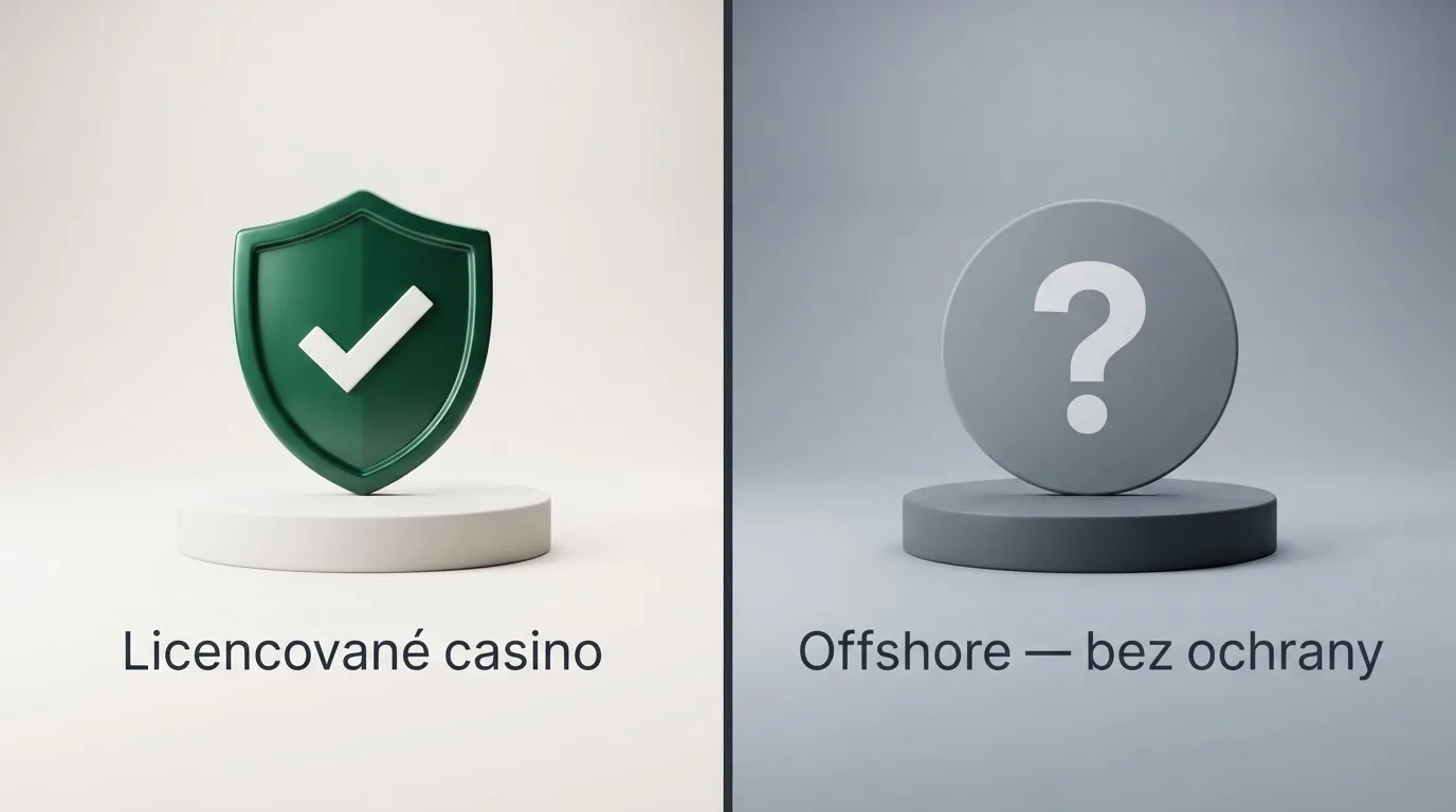 Rozdělená obrazovka: vlevo logo MF ČR se zaškrtnutím a textem Licencované casino, vpravo šedá zóna s otazníkem a textem Offshore — bez ochrany.