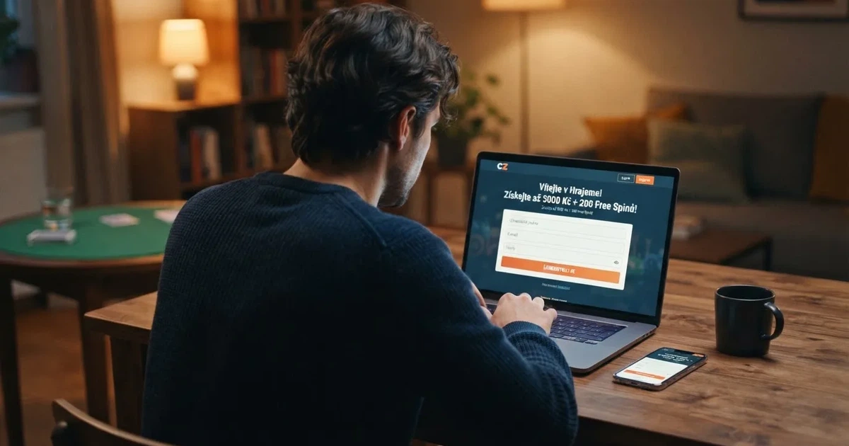 Hráč u mobilního telefonu nebo notebooku, na obrazovce viditelná registrační stránka českého online casina s nabídkou bonusu bez vkladu, v pozadí decentní casino motiv