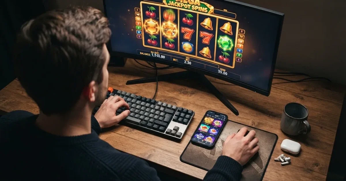 Hráč u obrazovky počítače sleduje roztočené válce online automatu, na stole vedle něj mobil s otevřenou herní lobby