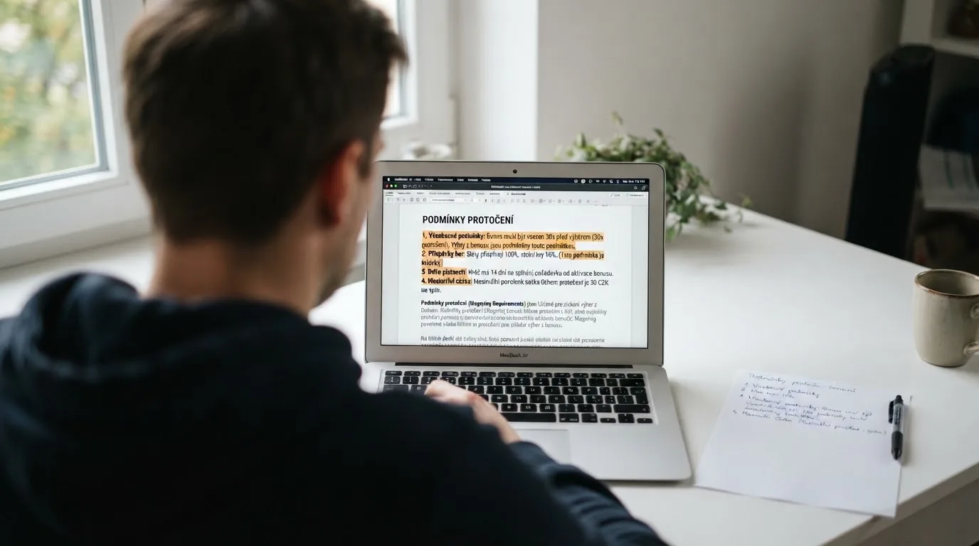Detailní záběr na podmínky protočení zvýrazněné v podmínkách online casina