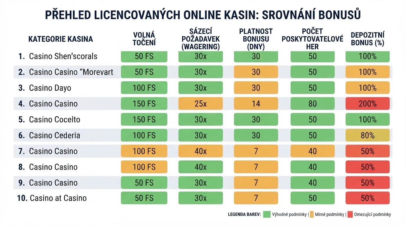 Srovnávací tabulka deseti českých licencovaných kasin s jejich bonusy bez vkladu, podmínkami a počtem poskytovatelů her