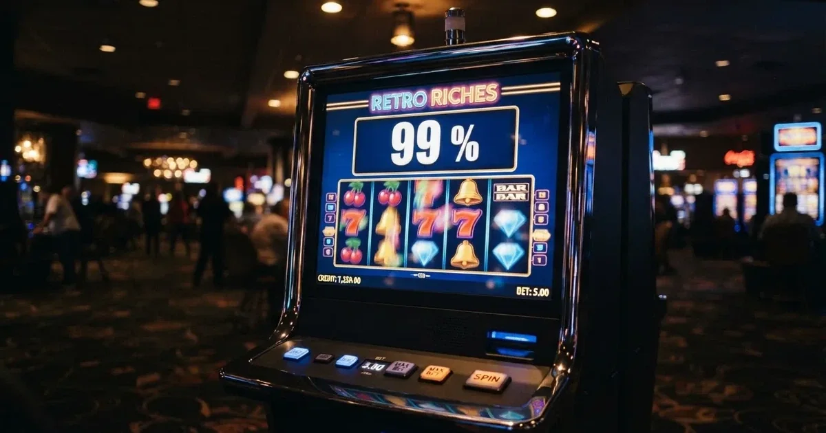 Výherní automat s digitálním displejem ukazujícím hodnotu RTP 99 % a zářícími symboly
