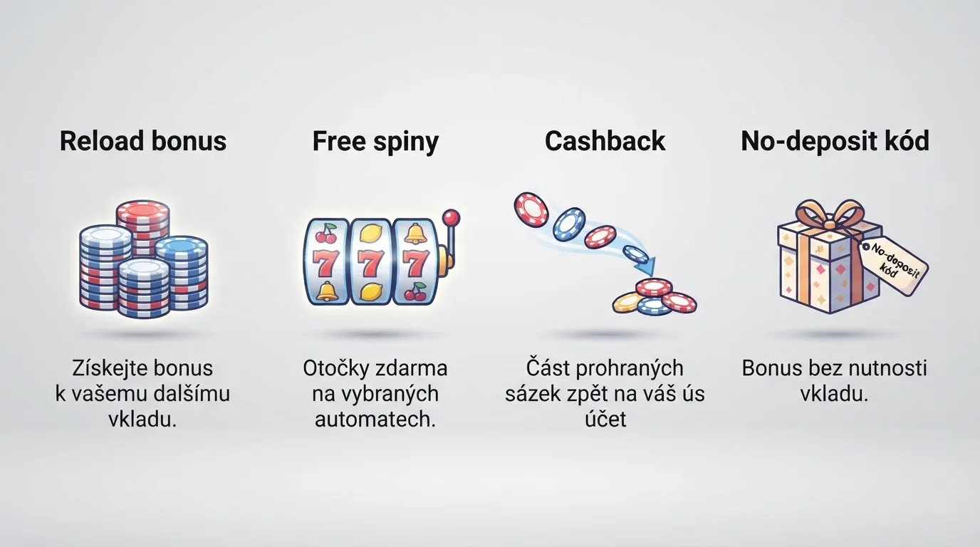 Infografika se čtyřmi typy odměn pro stávající hráče: reload bonus, free spiny, cashback, no-deposit kód — každý s ikonou.