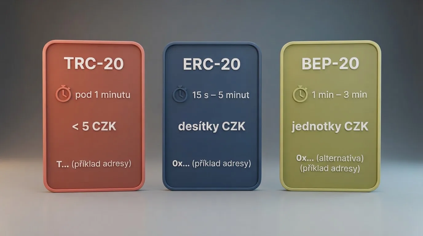 Srovnání tří blockchainových sítí pro převod USDT — TRC-20, ERC-20 a BEP-20 — s poplatky, rychlostí a formátem adresy