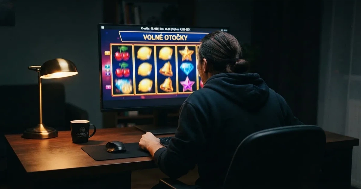 Hráč před monitorem s roztočenými válci online automatu a nápisem „volné otočky“ na herním rozhraní