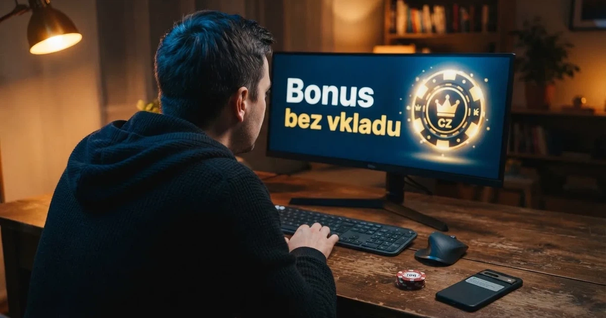 Hráč prohlíží nabídku bonusu bez vkladu na obrazovce počítače, vedle leží česká občanka a mobil s otevřenou SMS