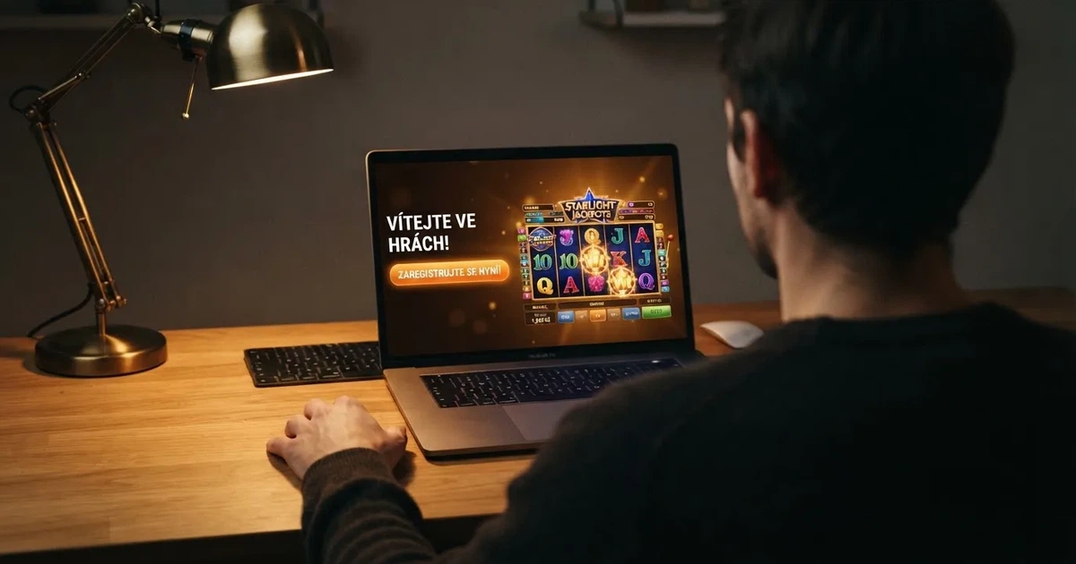 Uvítací obrazovka online kasina s nabídkou bonusu za registraci a tlačítkem pro založení účtu